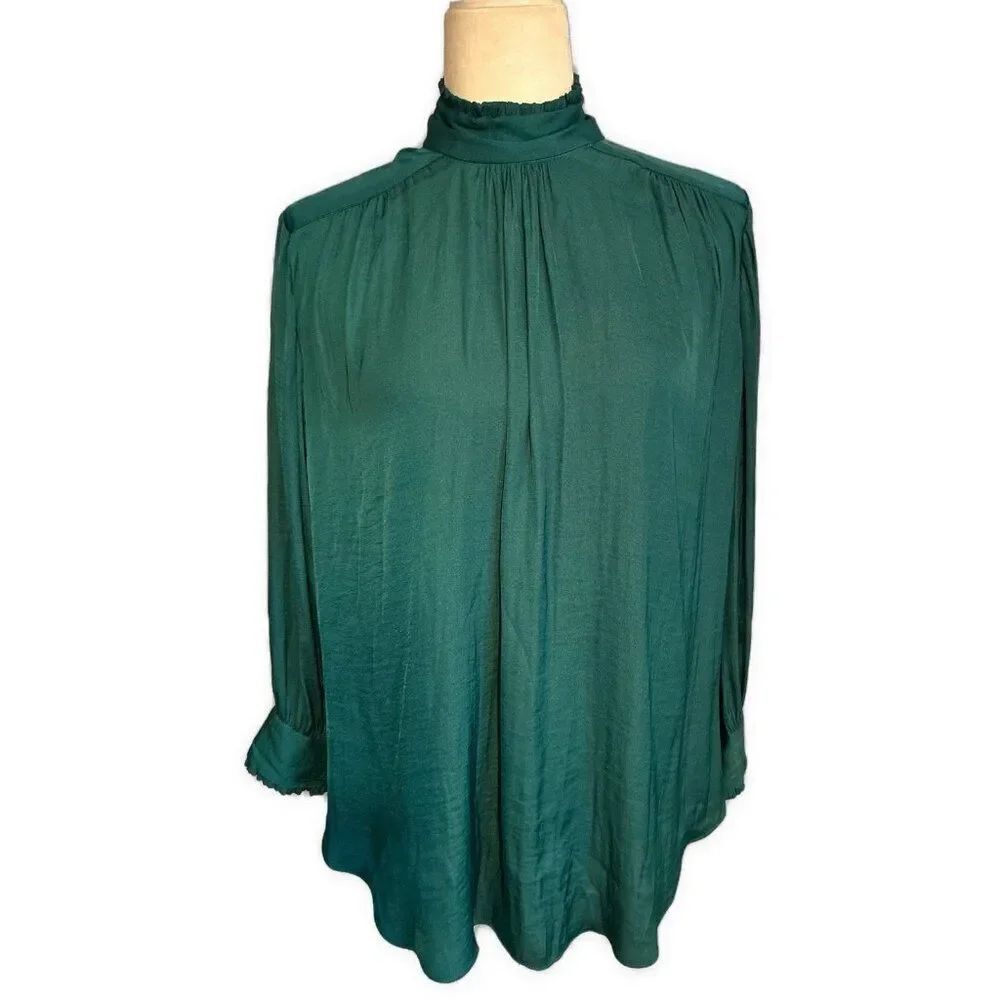 Zara Womens Solid Pine Green Satin Mock Neck Long Sleeve Blouse Small